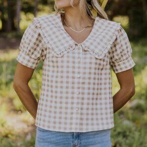 Roolee Set Me Free Gingham Peter Pan Collar Top NWT Size XXXL